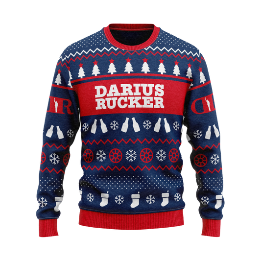 Trees, bottles, wheels, and stockings patterned Christmas sweater front Darius Rucker